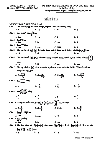 Đề kiểm tra giữa học kì II Toán 11 - Mã đề 114 - Năm học 2022-2023 - Trường THPT Trần Hưng Đạo (Có đáp án + Ma trận)