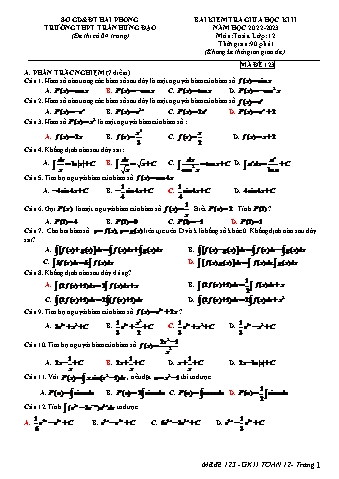 Đề kiểm tra giữa học kì II Toán 12 - Mã đề 123 - Năm học 2022-2023 - Trường THPT Trần Hưng Đạo (Có đáp án + Ma trận)