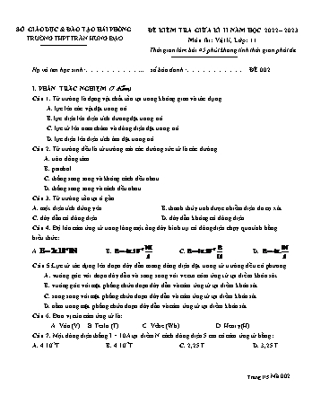 Đề kiểm tra giữa học kì II Vật lí 11 - Mã đề 002 - Năm học 2022-2023 - Trường THPT Trần Hưng Đạo (Có đáp án + Ma trận)