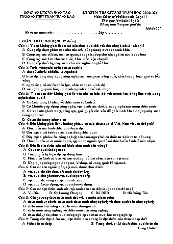 Đề kiểm tra giữa kì I Công nghệ 11 - Mã đề 001 - Năm học 2023-2024 - Trường THPT Trần Hưng Đạo (Có đáp án + Ma trận)