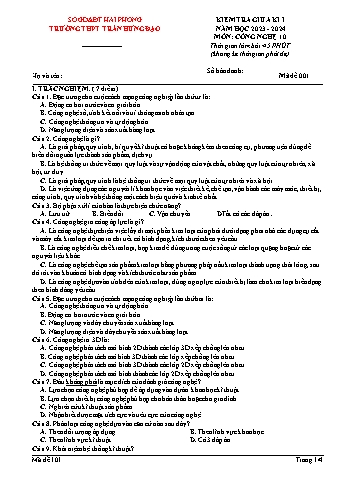 Đề kiểm tra giữa kì I Công nghệ Lớp 10 - Mã đề 001 - Năm học 2023-2024 - Trường THPT Trần Hưng Đạo (Có đáp án + Ma trận)