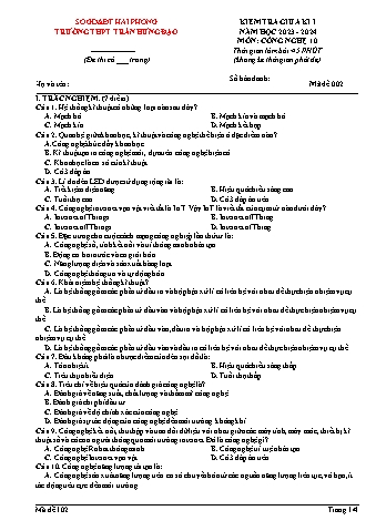 Đề kiểm tra giữa kì I Công nghệ Lớp 10 - Mã đề 002 - Năm học 2023-2024 - Trường THPT Trần Hưng Đạo (Có đáp án + Ma trận)