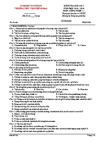 Đề kiểm tra giữa kì I Công nghệ Lớp 11 - Mã đề 001 - Năm học 2023-2024 - Trường THPT Trần Hưng Đạo (Có đáp án + Ma trận)