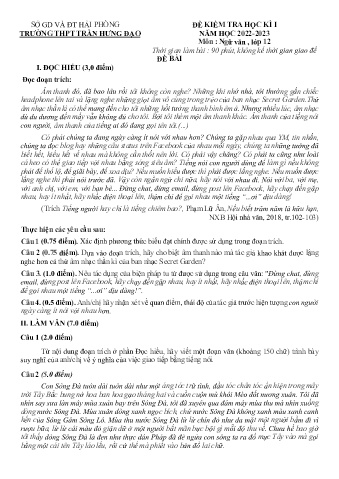 Đề kiểm tra học kì I Ngữ văn 12 - Năm học 2022-2023 - Trường THPT Trần Hưng Đạo (Có đáp án)