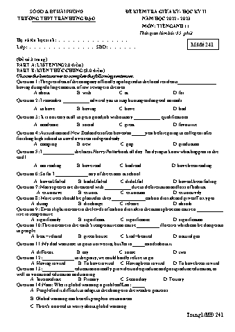 Ma trận Đề kiểm tra giữa học kì II Tiếng Anh 11 - Mã đề 241 - Năm học 2022-2023 - Trường THPT Trần Hưng Đạo (Có đáp án + File nghe)
