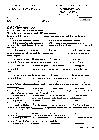 Ma trận Đề kiểm tra giữa học kì II Tiếng Anh 11 - Mã đề 242 - Năm học 2022-2023 - Trường THPT Trần Hưng Đạo (Có đáp án + File nghe)