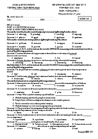 Ma trận Đề kiểm tra giữa học kì II Tiếng Anh 11 - Mã đề 243 - Năm học 2022-2023 - Trường THPT Trần Hưng Đạo (Có đáp án + File nghe)