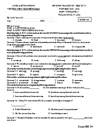 Ma trận Đề kiểm tra giữa học kì II Tiếng Anh 11 - Mã đề 244 - Năm học 2022-2023 - Trường THPT Trần Hưng Đạo (Có đáp án + File nghe)